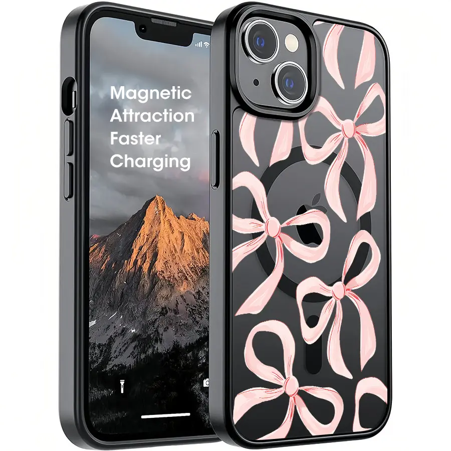 Matte Transparent Black Magnetic Case with Scattered Watercolor Soft Pink Ribbon Bow Minimal Print,With For Iphone17 Pro Max, 16, 15, 14 ,13,12And 16Plus. It Makes A Perfect Gift For Birthdays, Holidays
