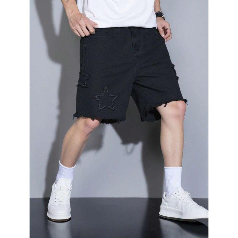 (Gold promotion)Manfinity EMRG Men's Casual Solid Color Denim Black Shorts Jorts With Frayed Hems, Men Black Cargo Shorts, Gothic Men Shorts, Mens Ripped Shorts, Men S Fashion Creative Fringe Denim Shorts