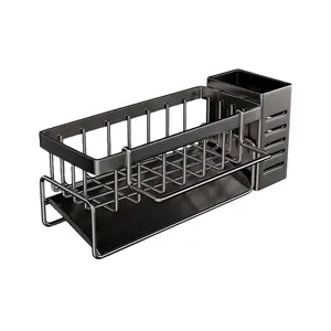 Sponge Holder For Sink With Brush Holder, Kitchen Sink Organizer With Auto Draining Tray, Upgrade Your Kitchen With Stainless Steel Sink Caddy, Efficiently Holds Your Dish Soap, Sponges, And Scrubbing Brushes(Black)