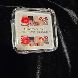 Handmade Nails with 3D Red Lips Embellishments Clear Rhinestone Accents & Red Gem Clusters Fully Rhinestone-Covered XL Size