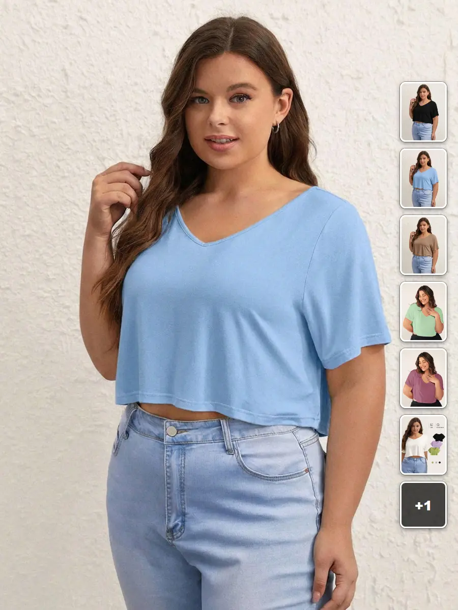 Plus Size Crop Top V Neck Solid Stretchy Summer Outfit Casual Everyday