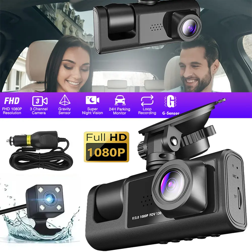 【Back To School Gift】1080P 3-Channel Dash Cam, 170° Wide Angle Front & 140° Cabin, F1.8 Night Vision Rear Camera, 24H Parking Monitor & G-Sensor, Loop Recording Dual Lens Car DVR with 2" Screen for Cars, Taxis, Trucks