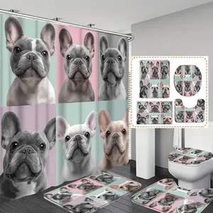 1pc/4pc French Bulldog Artwork  printed shower curtain, shower curtain set with 12 hooks. The shower curtain set includes a bath mat, U-shaped floor mat, toilet seat cushion, bathroom accessorie