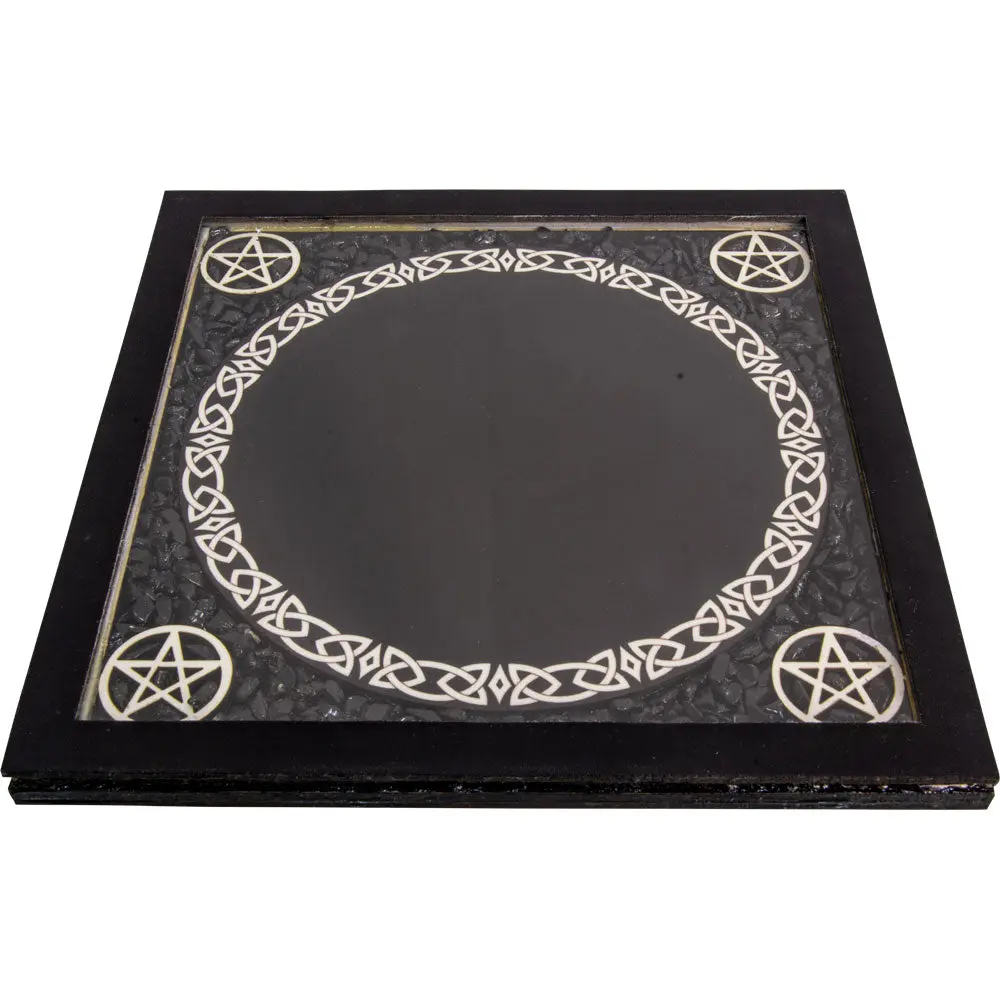 Glass Scrying Mirror with Pentacles & Black Tourmaline – Mystical Altar Tool