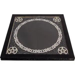 Glass Scrying Mirror with Pentacles & Black Tourmaline – Mystical Altar Tool