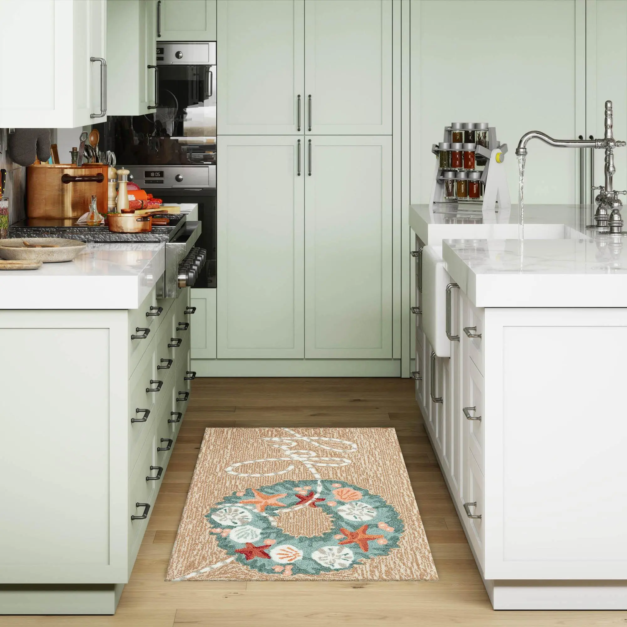 Lush Decor Frontporch Indoor/Outdoor Hand Tufted Synthetic Blend Durable Area Rug - Traditional Joyous Wreath, Christmas Winterfest Water Resistant Acrylic Style Kitchen Rug with Starfish Accent