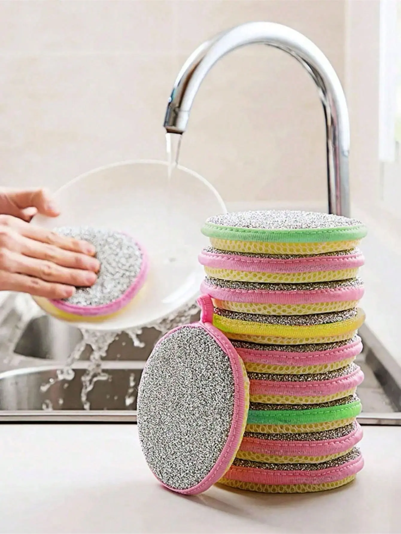 10PCS Round Dual-Sided Cleaning Sponge Scrubber, Soft Durable Non-Greasy Stain Removal Kitchen Sponge, Multi-Purpose Household Scrubber for Cooktop Range Hood Dishes Pots Pans Home Kitchen Cleaning