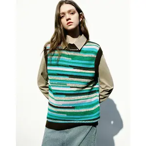 URBAN REVIVO 2026 Spring Women's Casual Multi-Color Block Striped Polyester Knit Vest - Crew Neck, Medium Length, Regular & Plus Sizes, Elegant, Comfortable Fabric, Flattering Fit, Top UWL940028