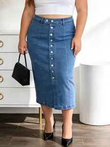 Plus Size Elastic Blue Washed Long Dress, Sexy Fitted Denim Skirt for All Seasons, Casual Wear, Casual Fashionable Skirt, New Women's outfit