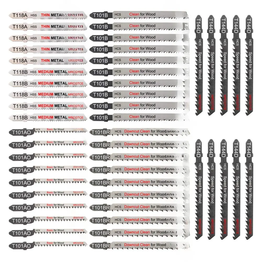 Contractor Jigsaw Blade Set (50-Count) with Storage Case & Manufacturer Warranty, 3 Inches Genuine High-Speed Steel Assorted T-Shank Blades for Plastic, Metal, Fits Major Brands Jigsaws (5 Pcs T118A, T118B; 10-Count T101AO, T101B, T101BR, T144D), Metal Cu