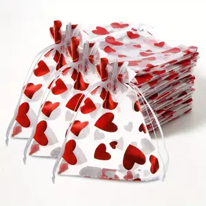 50pcs Hebalg Valentine's Day Organza Candy Bags, Heart-Shaped Mesh Jewelry Pouches, Drawstring Closure, Wedding & Bridal Shower Favors, Party Gift Packs, Romantic Gift