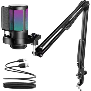 Gaming USB Microphone,Noise Cancellation Condenser Mic with Boom Arm,Podcast Microphones RGB Computer Mic,Streaming Microphone with Pop Filter, Mute Button, for Recording,Discord,YouTube