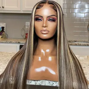 28" Highlight Ombre Lace Front Wig 13x4 HD Transparent Pre-Plucked , Brown to Blonde Gradient, Heat Resistant Synthetic Straight Wig for Casual Attire, Versatile Styling for All Skin Tones