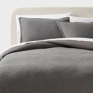 Twin/Twin Extra Long Washed Waffle Weave Duvet Cover and Sham Set Dark Gray - Threshold