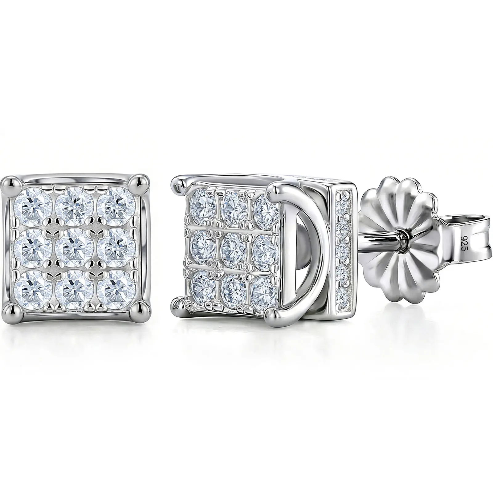 Heinlov Men's 925 Sterling Silver Moissanite Stud Earrings, 0.4ct 58 Round D Color VVS1 Stones, Square Minimalist Design, 1.77g, Ideal Daily Wear Gift for Men, Men's Earrings