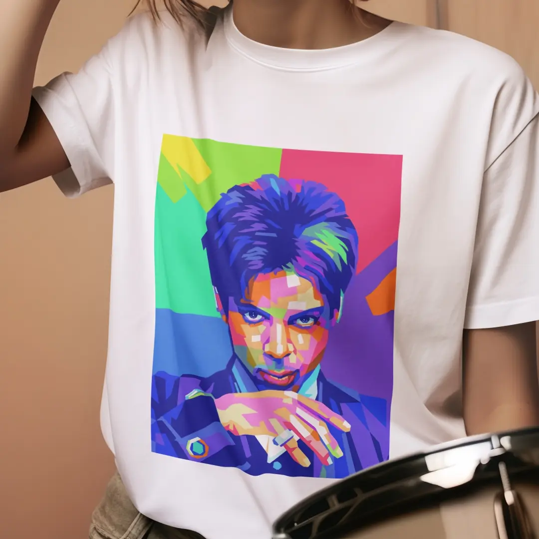 Women's Fitted 100% Cotton Knit H-Type Short-Sleeve Graphic T-Shirt with Vintage Geometric Prince Art Portrait, Plus Size Available, Premium Fabric, Tops, Shortsleeve, Lady, Tshirt, Casual, Valentines Day, Plus Size Basics