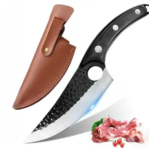 Handmade Forging Stainless SteelBone Knife with Black Color Wooden Handle, éInch Sharp and Durable Kitchen Meat Cleaver withSheath.ldea Gift for Home Cooking & OutdoorCamping
