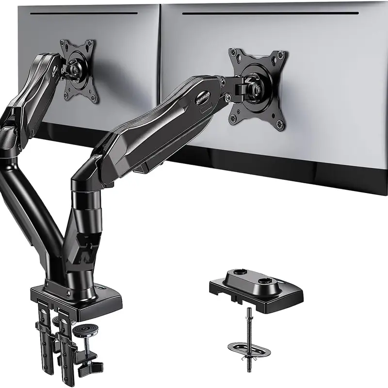 HUANUO Ergonomic Full Motion Dual Monitor VESA Mount Arms - Swivel, Tilt, Rotate Bracket with Grommet Clamp Base, 13-30 in Screens, 4.4-19.8lbs Per Arm, 0.59-3.54" Fit, Space-Saving Ergonomic Home Office Desk Accessory for PCs (Neck Strain Relief)
