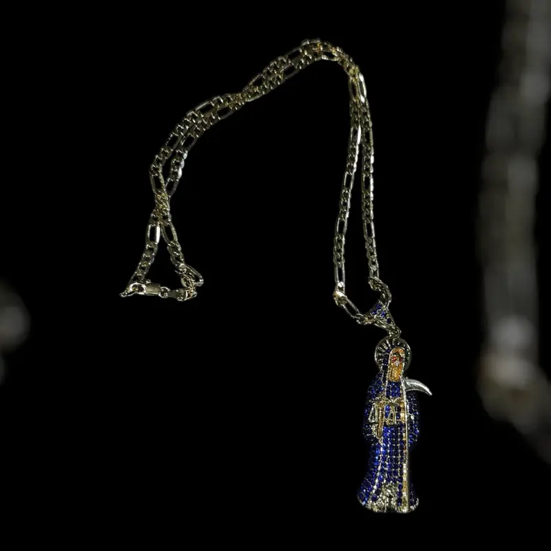 Angel of Death Dark Blue Cz Stones 24' Inch Figaro Chain with Gold Plated and Copper Core Iced Pendant Featuring Red Eyes Charms Necklace Trendy Charm Necklaces Iced Out Jewelry Witchy Jewelry Cuban Link Design