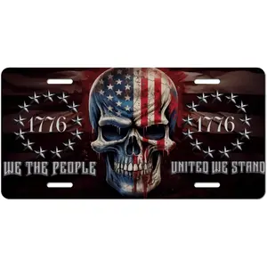 American Flag Skull Front License Plate 6x12 – Patriotic We The People 1776 Aluminum Metal Car Tag, Rust-Proof UV Fade Resistant Novelty Plate for Truck SUV Car