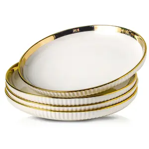 LETAOTAO Wedding Dining Tray Set White Porcelain Plate Dish with Gold Edge Eco-Friendly Ceramic Tray for Table Gold Trim