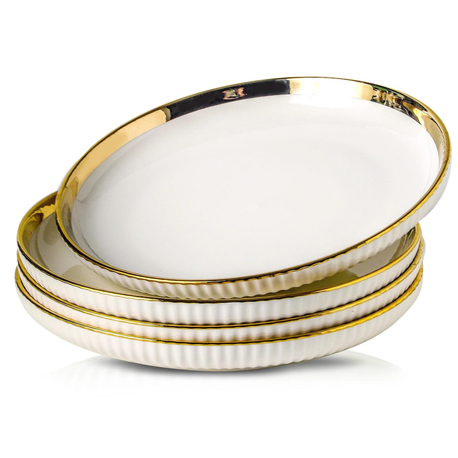 LETAOTAO Wedding Dining Tray Set White Porcelain Plate Dish with Gold Edge Eco-Friendly Ceramic Tray for Table Gold Trim