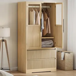 Bedroom Wooden Armoire Wardrobe Closet with Glass Doors  2 Drawers  Shelves and Hanging Rod  Large Freestanding Wardrobe Cabinet for Clothes Storage  Natural