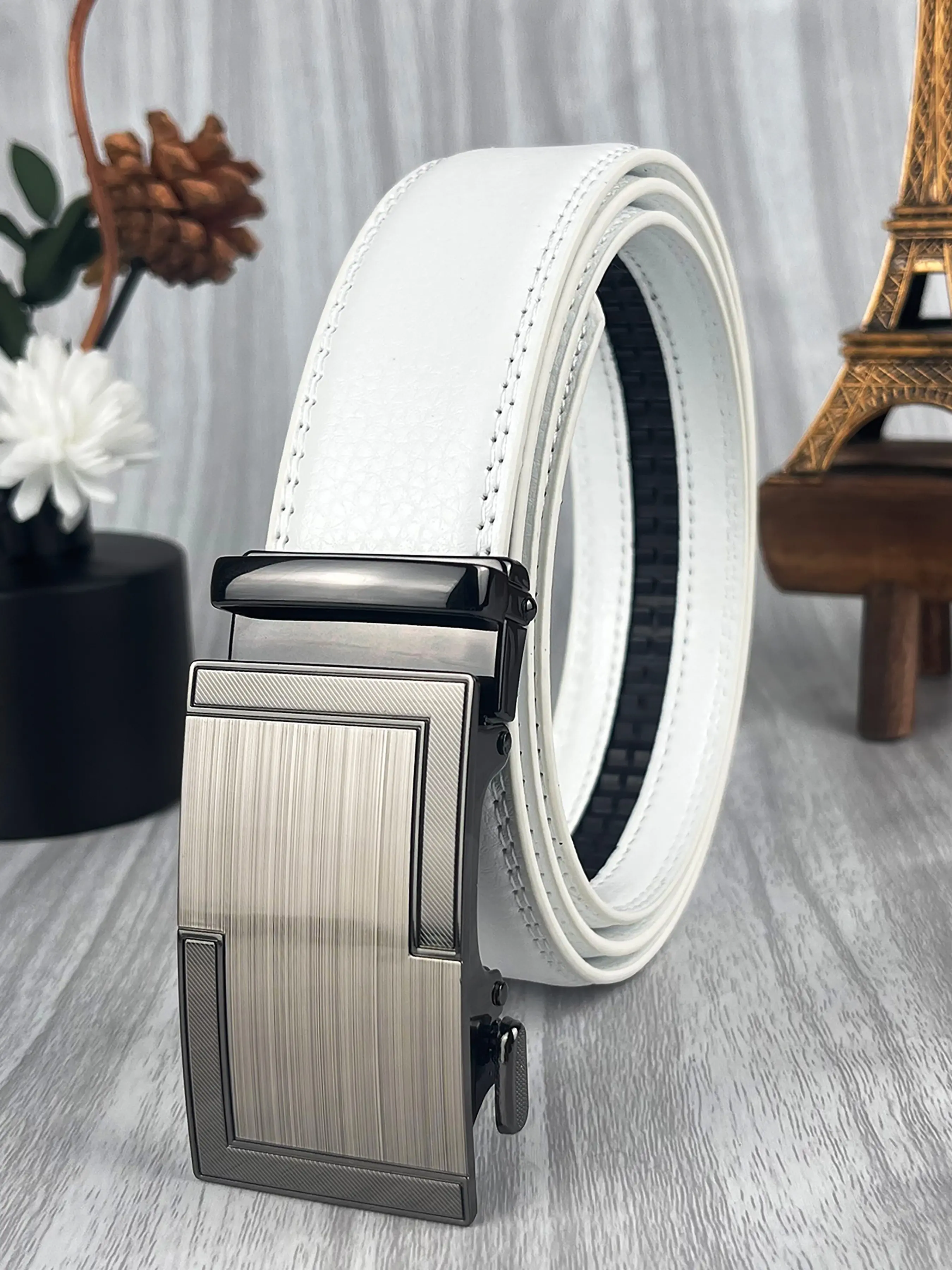 Automatic buckle, fashionable geometric shape, Trendy Belt, 1.38in/3.5cm wide men's and women's casual waist belt, ratchet adjustable daily commuting belt, jeans accessory belt, holiday gift, Sturdy Ratchet Belt, Durable Belts, Pu Leather Belts