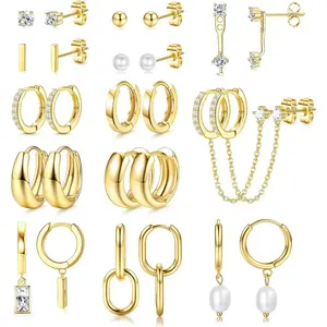 13 Pairs Small Gold Hoop Earrings Set for Women 14K Gold Plated Lightweight Huggie Hoops Hypoallergenic Pearl Dainty Stud Hoop Earrings for Gift