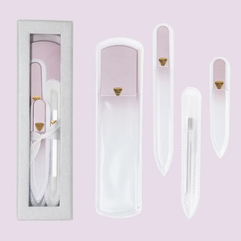 Bona Fide Beauty Glass Nail File Starter Kit - 4-Piece Adult 4In1 Beginner-Friendly At Home Nail Care Set, Smooth Gentle Manicure/Pedicure/Cuticle Tools, Seals Natural Keratin Layers, Reusable, 3.5 in Tool, 6.5 in Foot File