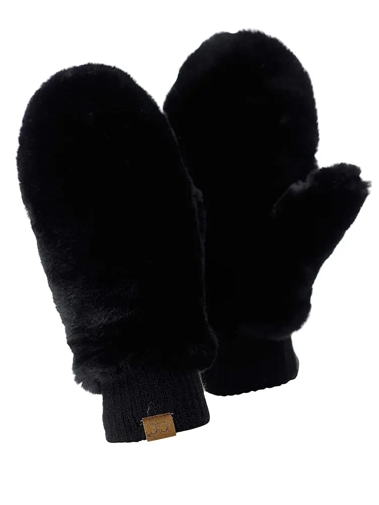 C.C Women's Faux Fur Sherpa Lined Convertible Fingerless Mittens Gloves in Black