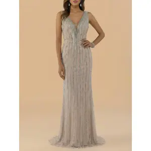 Beaded V-Neck Gown - Lara 29680