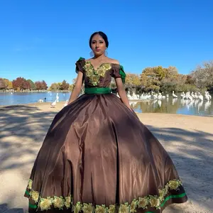 Mexican Quinceanera Dress with Green Accents and Floral Embellishments for Special Occasions