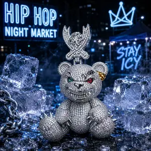 2020  Spiked Bad Teddy Bear Pendant | Fully Flooded Sparkling Angry Bear Statement Necklace for Rappers & Trendsetters summerwins