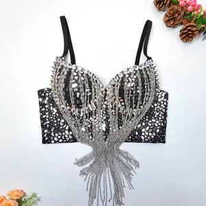Tank Tops Short Handmade Rhinestone Tassel Glisten Sequins Corset Summer Spring rave outfits Woman Vest Sexy inner Clothes Hot Fishbone Clothing Sling Wedding Bra Blusas Party Blind Date Stage Party Shaper Ladies Crop Shirt Tube Top