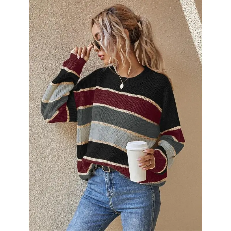 Women's Color Block Striped Print Crewneck Long Sleeve Drop Shoulder Loose-Fit Polyester Knitwear, 2026 Casual All-Seasons Comfortable Black Tops, Machine Washable