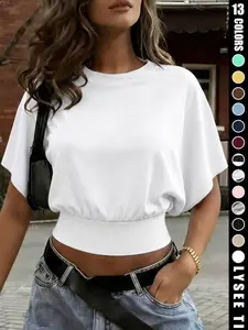 Women's Plain Batwing Sleeve Tee, Casual Short Sleeve Round Neck T-shirt for Daily Wear, Ladies Clothes for All Seasons