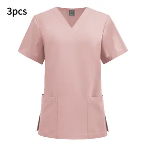 3pcs Set for Female Caregivers, Work Uniform with V-Neck, Split Design, And Pocketed Blouse