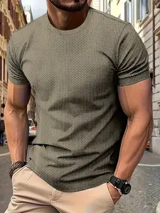 Men's Solid Jacquard Ribbed Short Sleeve Tee, Regular Fit Casual Comfy Round Neck T-shirt for Summer, Men's Top for Daily Wear
