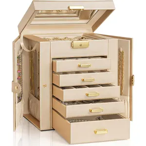 6-Tier  Box Lockable Leather  Storage Case with 5 Drawers for Women Girls Ring Necklace Earring Bracelet Holder Organizer with Mirror