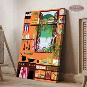 1pc Vintage Puerto Rico Kitchen Wall Art, Wall Art Painting - 2D Flat Frame Canvas with Vivid Illustrations, Floral Decorations, and Traditional Cooking Scenes, Suitable for Home Decor, 11.8x 15.7inch, Indoor Wall Hanging Decoration