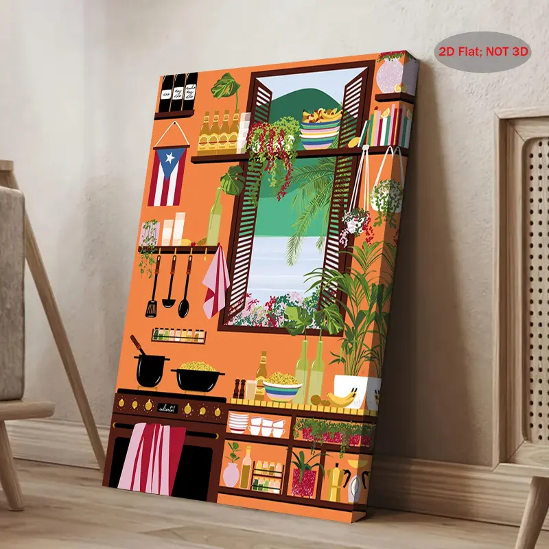 1pc Vintage Puerto Rico Kitchen Wall Art, Wall Art Painting - 2D Flat Frame Canvas with Vivid Illustrations, Floral Decorations, Vintage Flower Print, and Traditional Cooking Scenes, Suitable for Home Decor, 11.8x 15.7inch, Indoor Wall Hanging Decoration