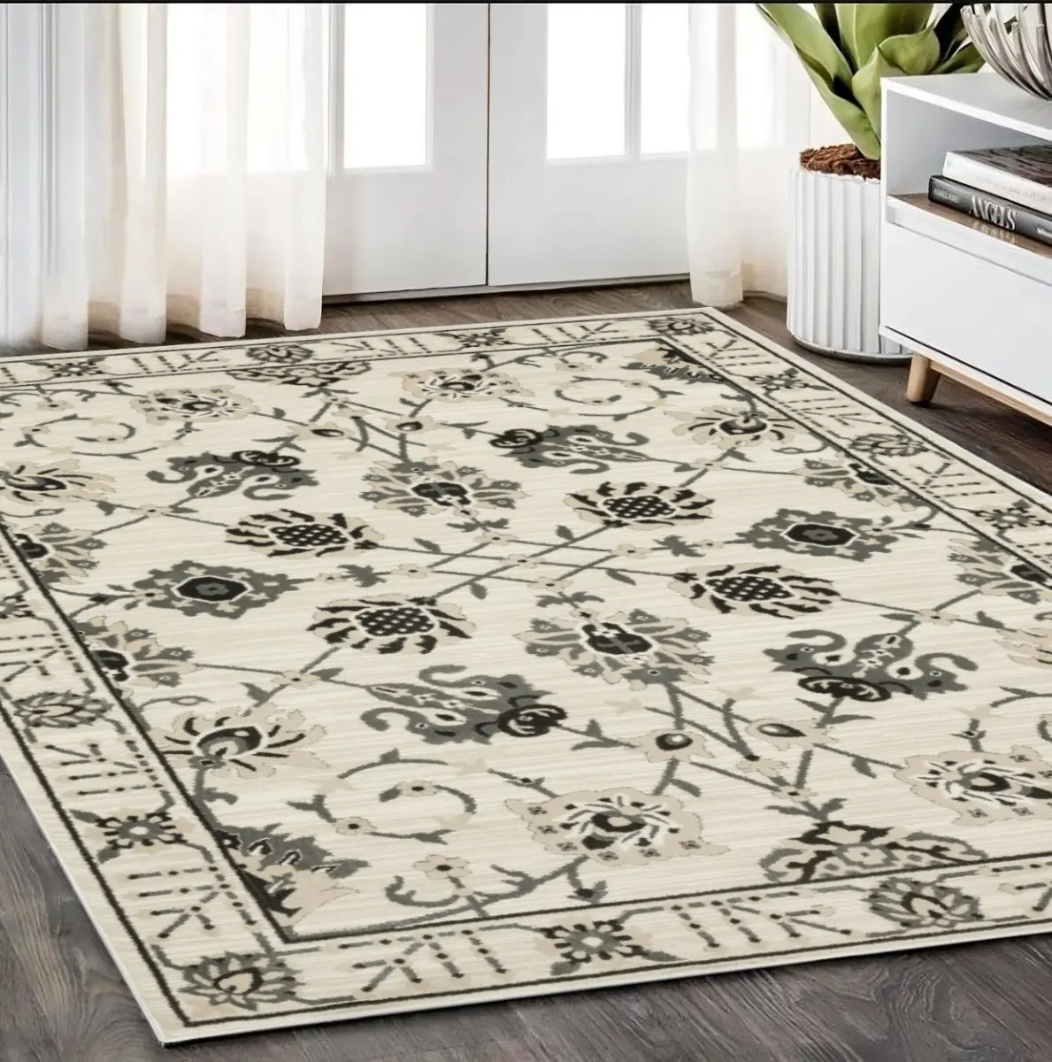 360 stand Oriental Rectangle Area Rug, 5x8 ft, Ivory & Gray Neutral Tones, Oriental Motif, Stain-Proof, Traditional Look, Bedroom Use Carpet for Home Spaces, Stainproof Area Rugs, Durable Area Rugs