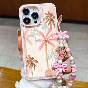 Summer Coconut Tree Pattern Anti-Drop Protective Phone Case with Lanyard, Compatible with iPhone 15 Pro Max 17 16/11/13 Pro/15 Plus, Valentine Gift