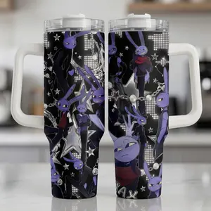 Purple Cartoon Character 40oz Insulated Tumbler with Handle, Aesthetic Pastel Violet Travel Mug, Cute Anime Fan Gift Stainless Steel Cup