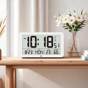 8.5 In Large Digital Wall Clock with Temperature Humidity Date Week Display Backlight Night Vision Dual Alarm 3 Levels Alarm Volume Battery Powered Snooze Table Clock 12/24H Auto Dimmable DST LCD Clock Home Decor