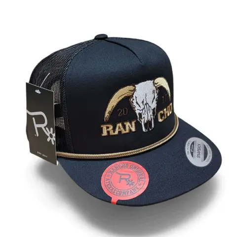 Rancho Original Bull Skull Rope Snapback Cap - Texas-Embroidered Cotton-Acrylic Mesh Trucker Hat, Old Gold Accents, Men's Western Bull Logo Hats, Stylish Wild West Enthusiast Accessory