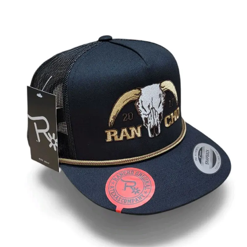Rancho Original Bull Skull Rope Snapback Cap - Texas-Embroidered Cotton-Acrylic Mesh Trucker Hat, Old Gold Accents, Men's Western Bull Logo Hats, Stylish Wild West Enthusiast Accessory