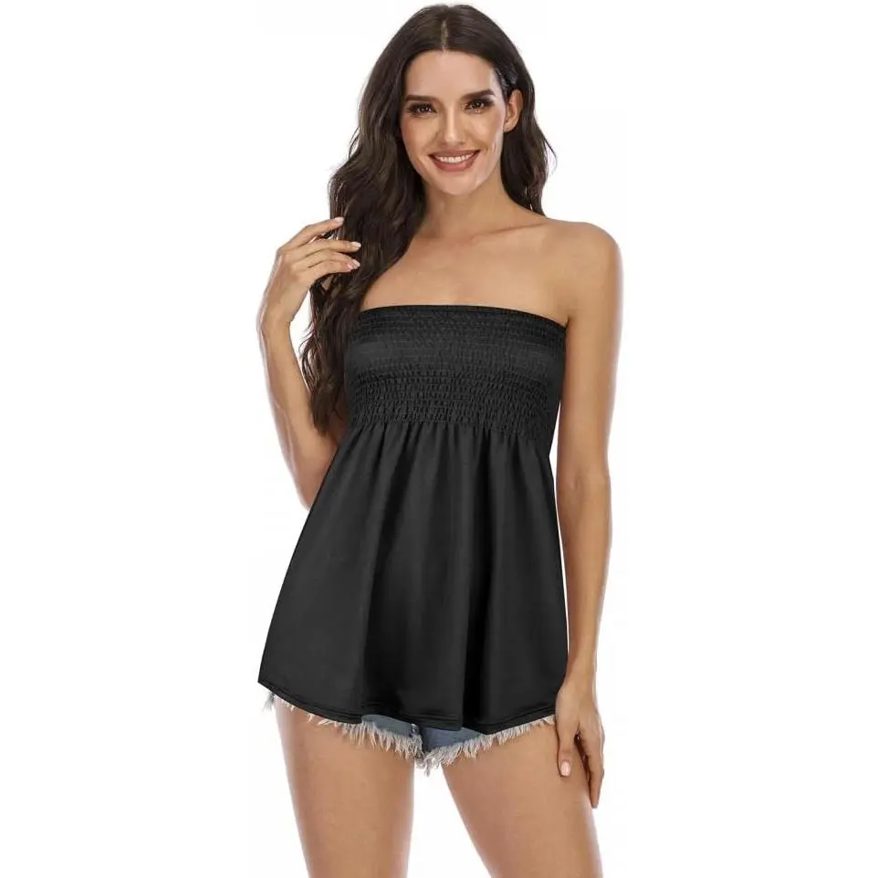 Women's Cotton Seamless Strapless Pleated Texture Solid Stretch Tube Top - Sleeveless, Fitted, Minimalist Lady Tunic Tank, Casual Summer Cami Blouse for Bridal Basics
