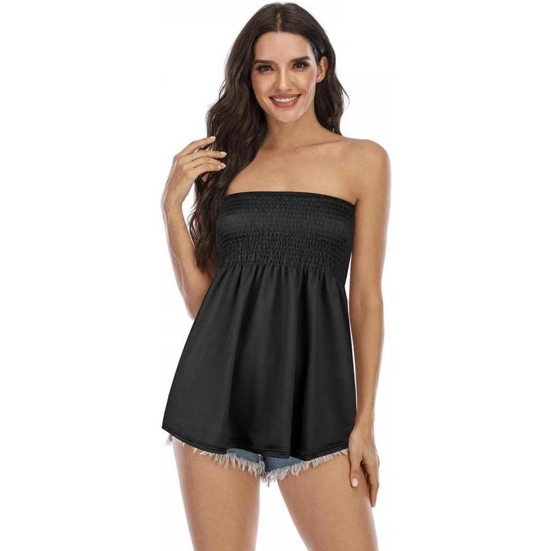 Women's Strapless Sleeveless Tube Tops Pleated Stretch Tunic Tanks Summer Blouse Cami Shirt Womenswear Bridal Basic Black Fitted Minimalist
